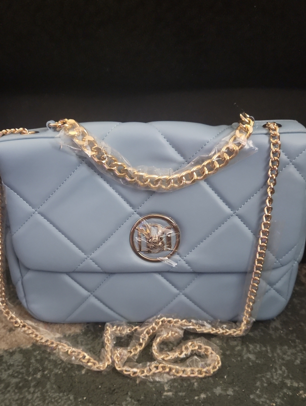 Badgley Mischka Quilted Light Blue Shoulder Bag with Gold Chain